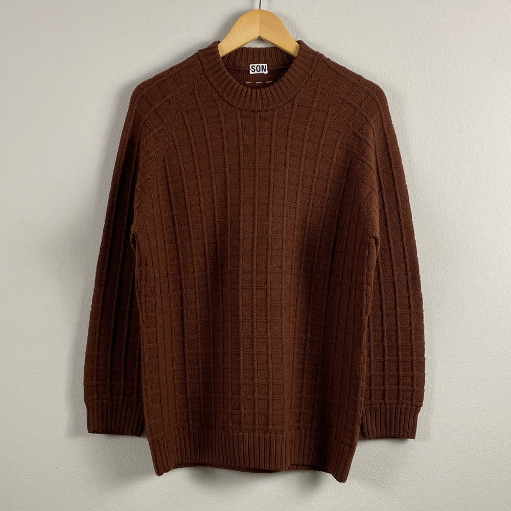 Son Of A Tailor 3D Check Knit Extrafine Merino Wool Long Sleeve Sweater | Brown